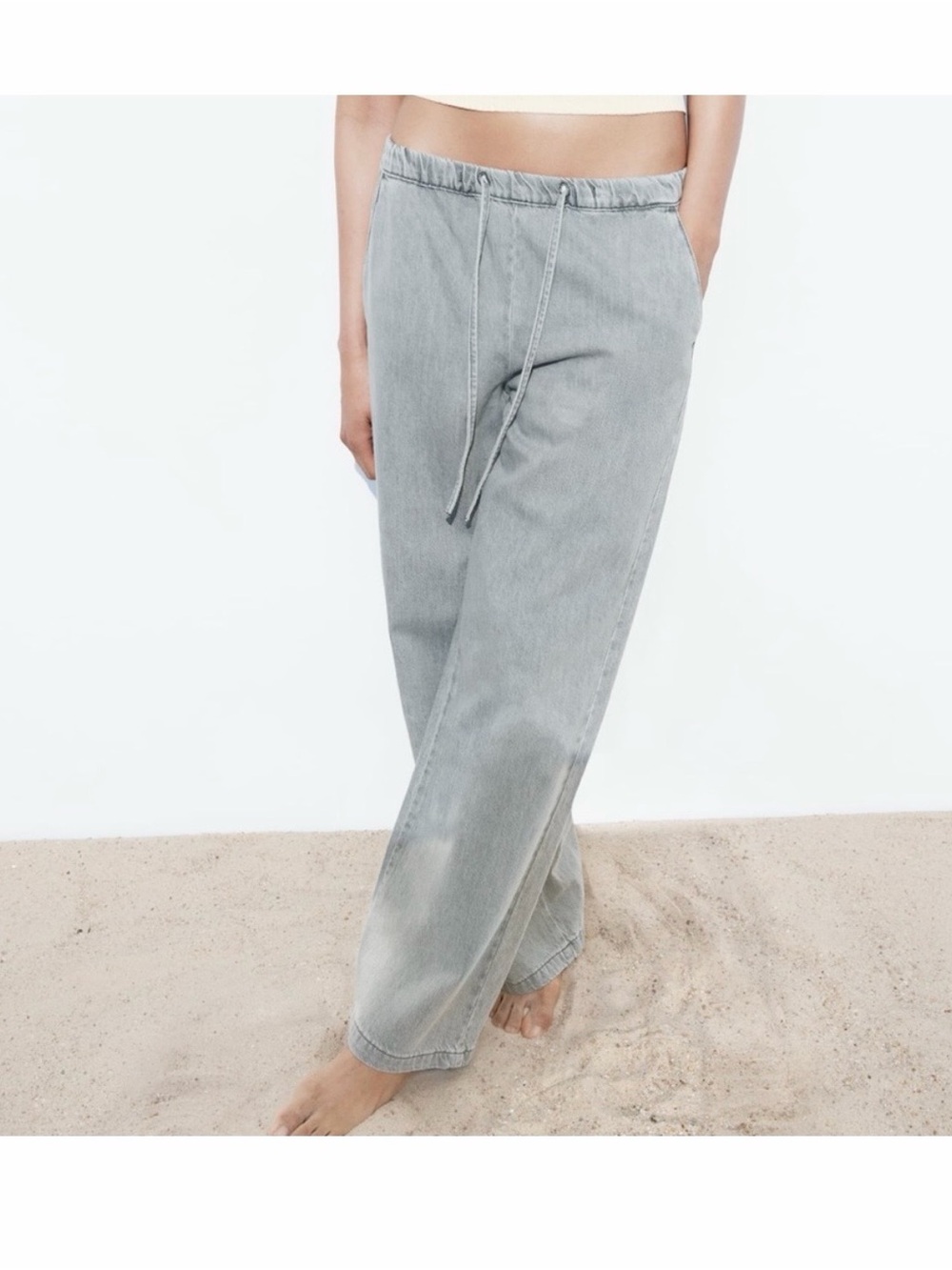 ZARA Light Gray Drawstring Wide Leg Jean Pants